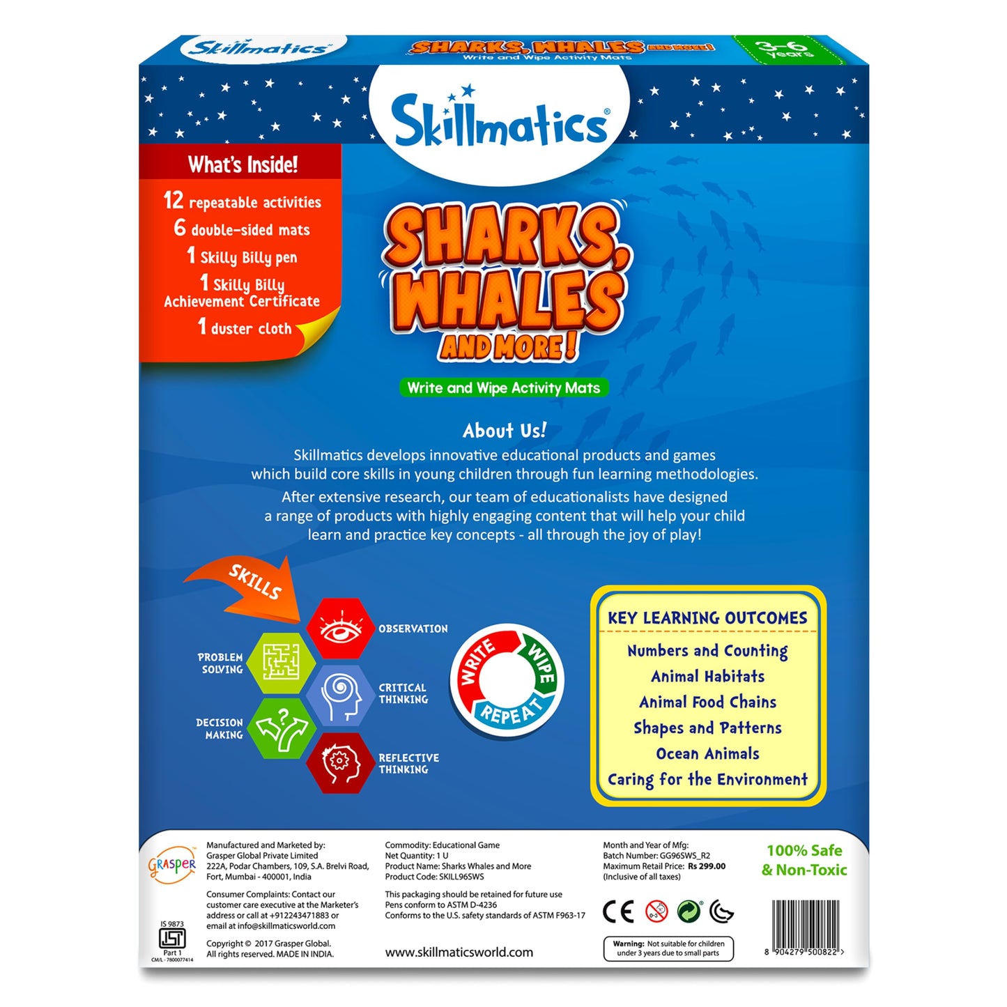 Skillmatics Juego educativo: tiburones, ballenas y más, alfombrillas de actividades reutilizables