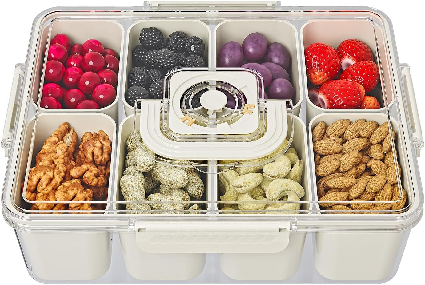 Bandeja de servicio dividida con tapa y asa, recipientes para snacks