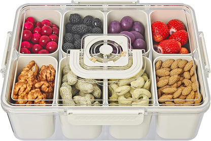 Bandeja de servicio dividida con tapa y asa, recipientes para snacks