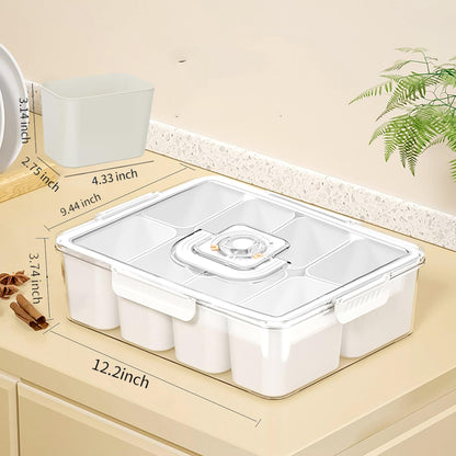 Bandeja de servicio dividida con tapa y asa, recipientes para snacks