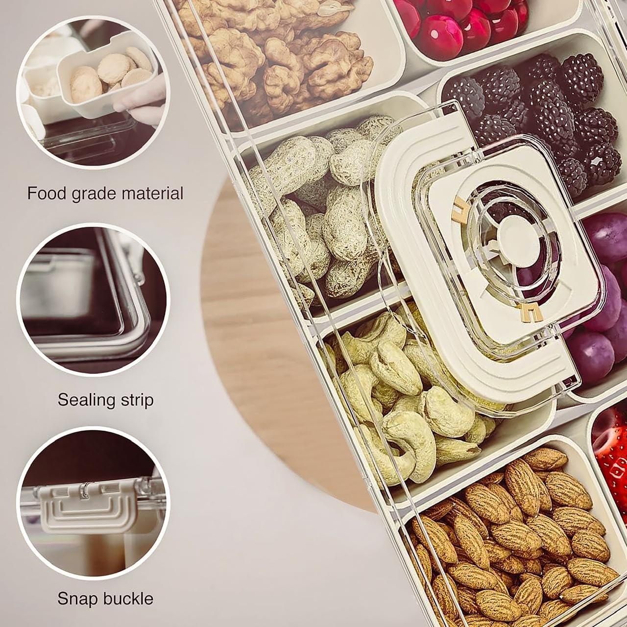 Bandeja de servicio dividida con tapa y asa, recipientes para snacks