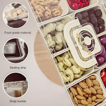 Bandeja de servicio dividida con tapa y asa, recipientes para snacks