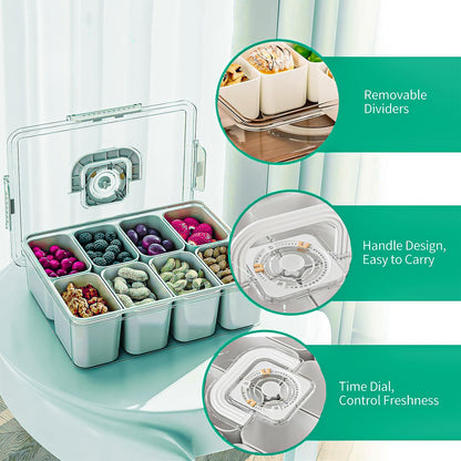 Bandeja de servicio dividida con tapa y asa, recipientes para snacks