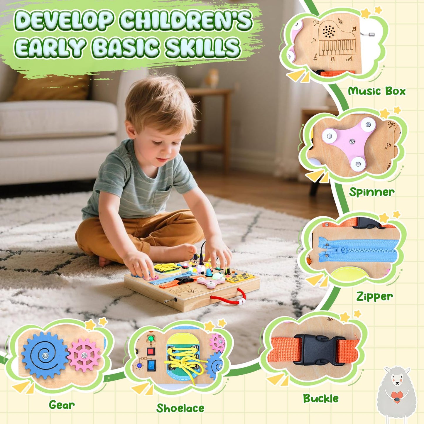 Tablero sensorial Montessori MoKo Busy Board con interruptor de luz LED