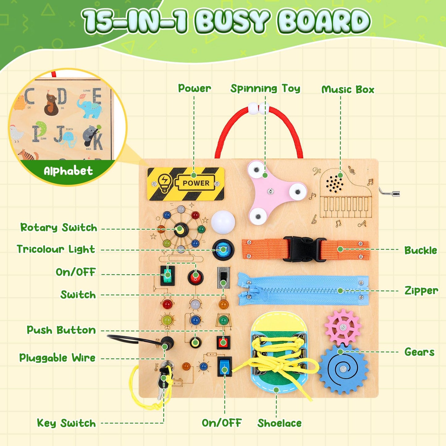 Tablero sensorial Montessori MoKo Busy Board con interruptor de luz LED