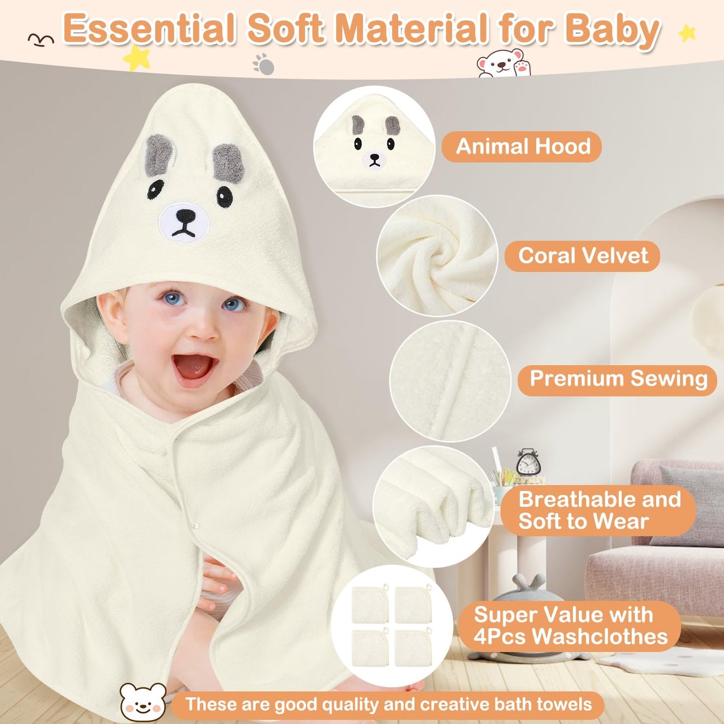 Juego de 4 toallas de bebé, toalla de baño con capucha de 32 x 32 pulgadas y 3 paños de bebé para recién nacidos