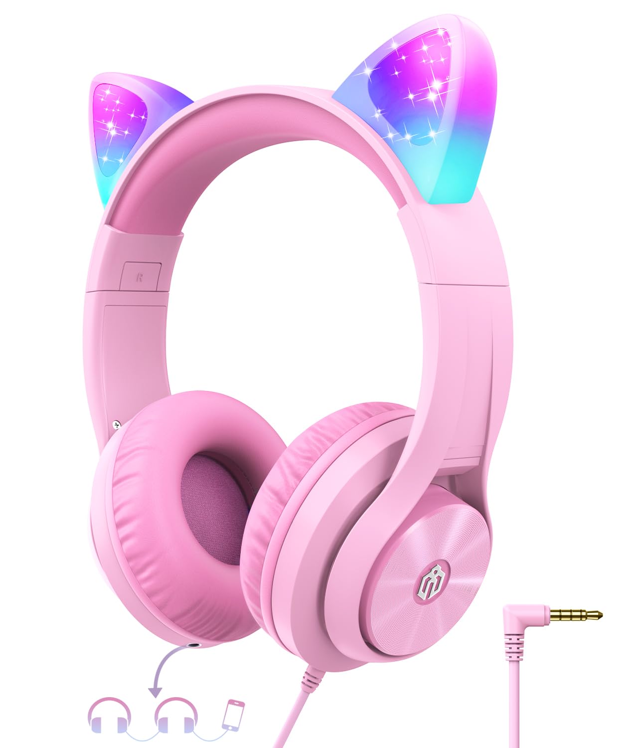 iClever FunShare - Auriculares para niños con orejas de gato con luz LED