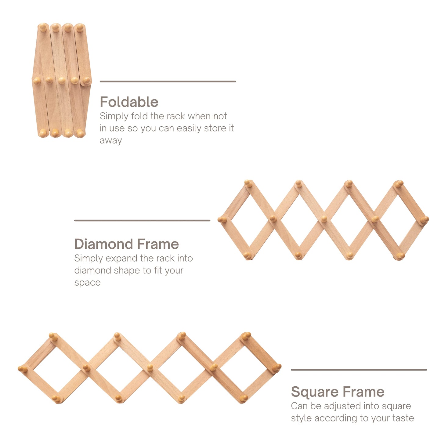 Mila Millie Estante de pared de madera expandible estilo acordeón | 13 ganchos