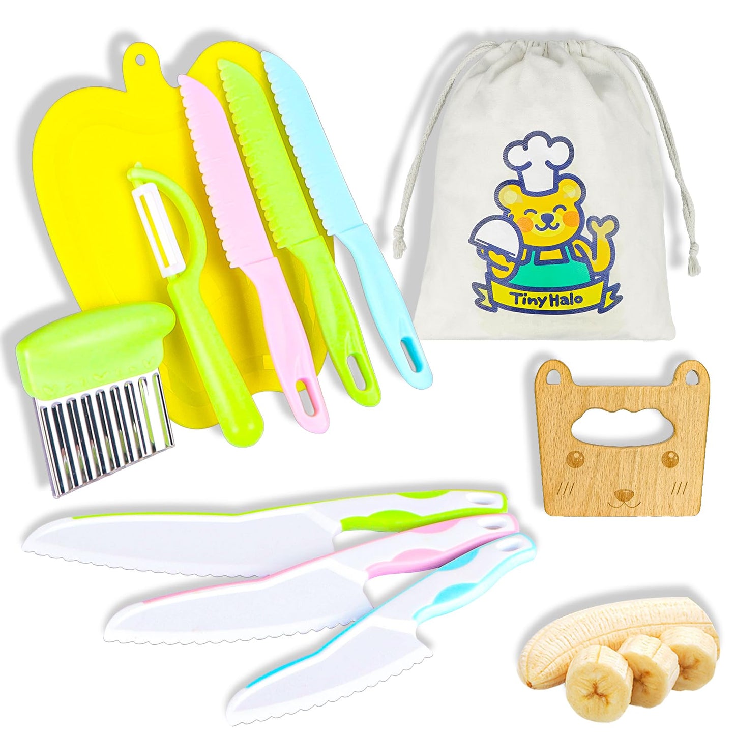 Tinyhalo juego de cuchillos para niños con tabla de cortar, cortadores de frutas y verduras