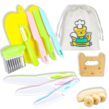 Tinyhalo juego de cuchillos para niños con tabla de cortar, cortadores de frutas y verduras