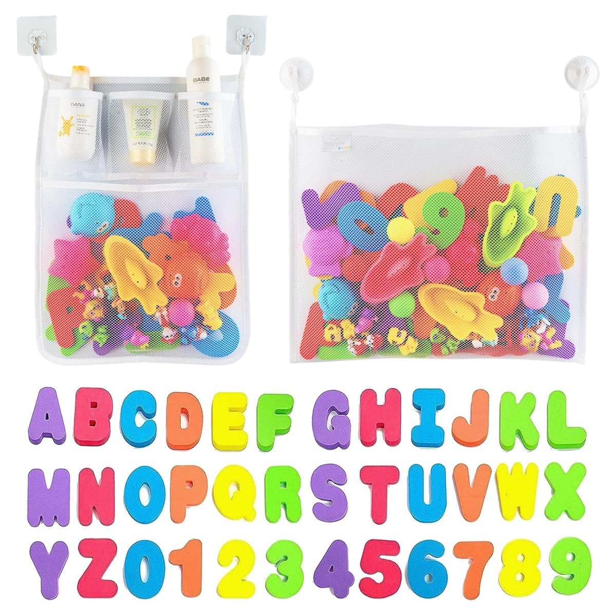 Comfylife 2 organizadores de juguetes de baño de malla + 6 ganchos ultra fuertes + 36 letras y números de baño