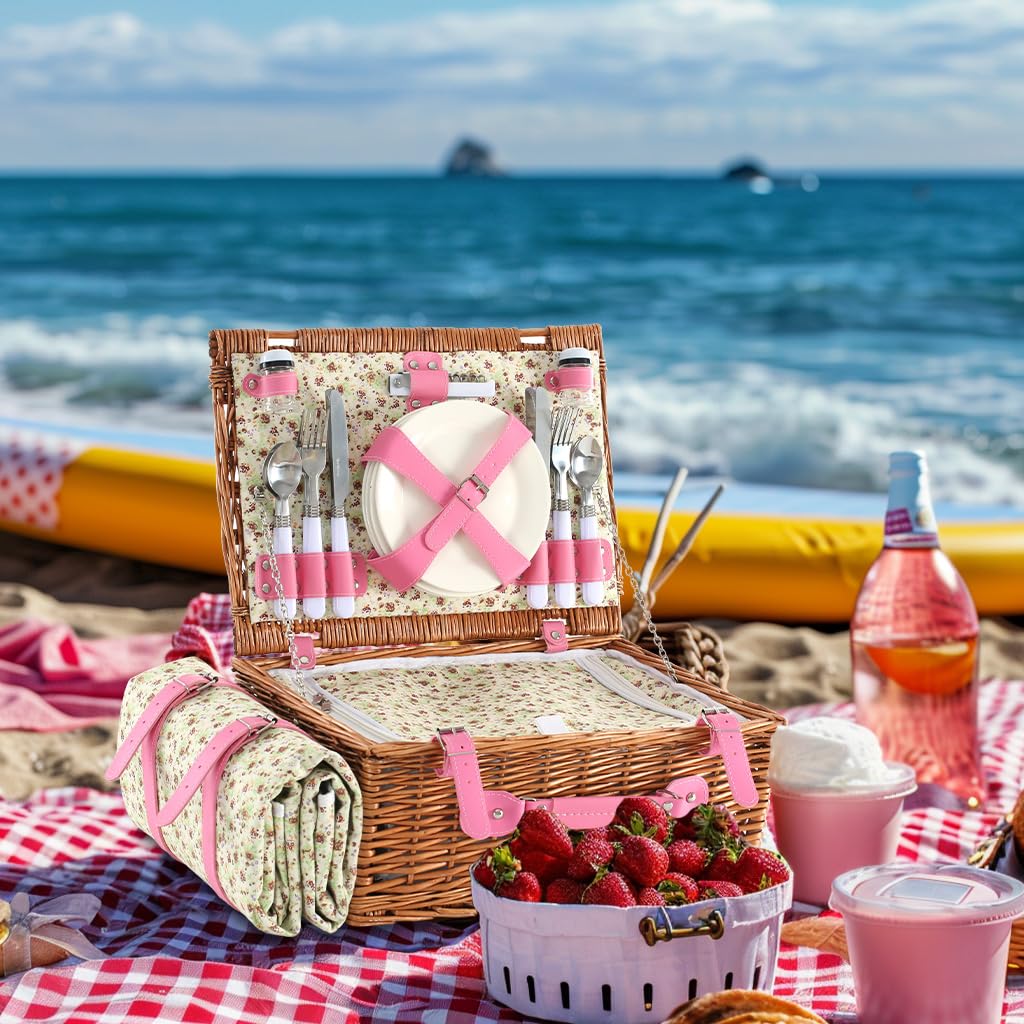 Cesta de picnic de mimbre para 4 personas con manta de picnic impermeable y refrigerador aislado