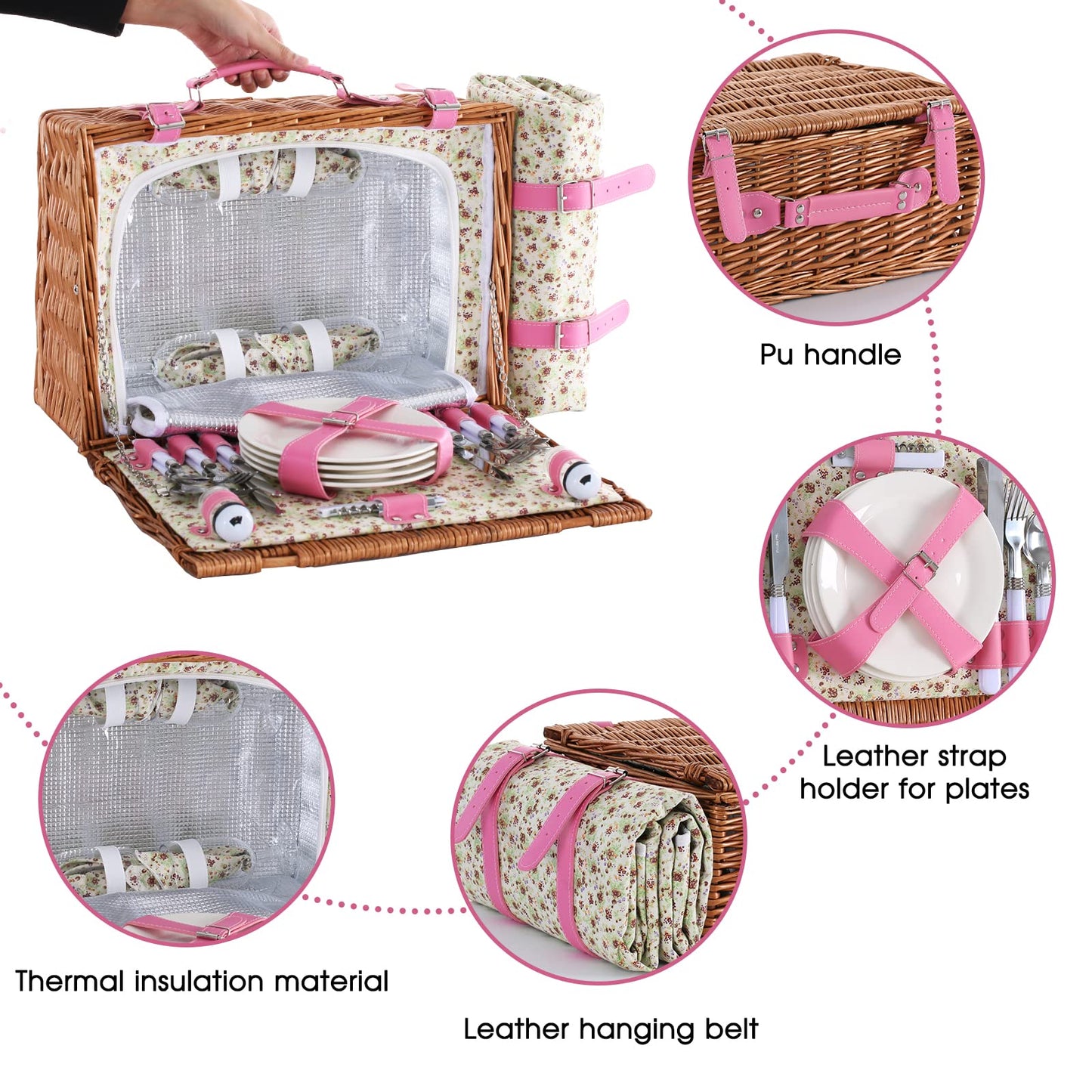 Cesta de picnic de mimbre para 4 personas con manta de picnic impermeable y refrigerador aislado