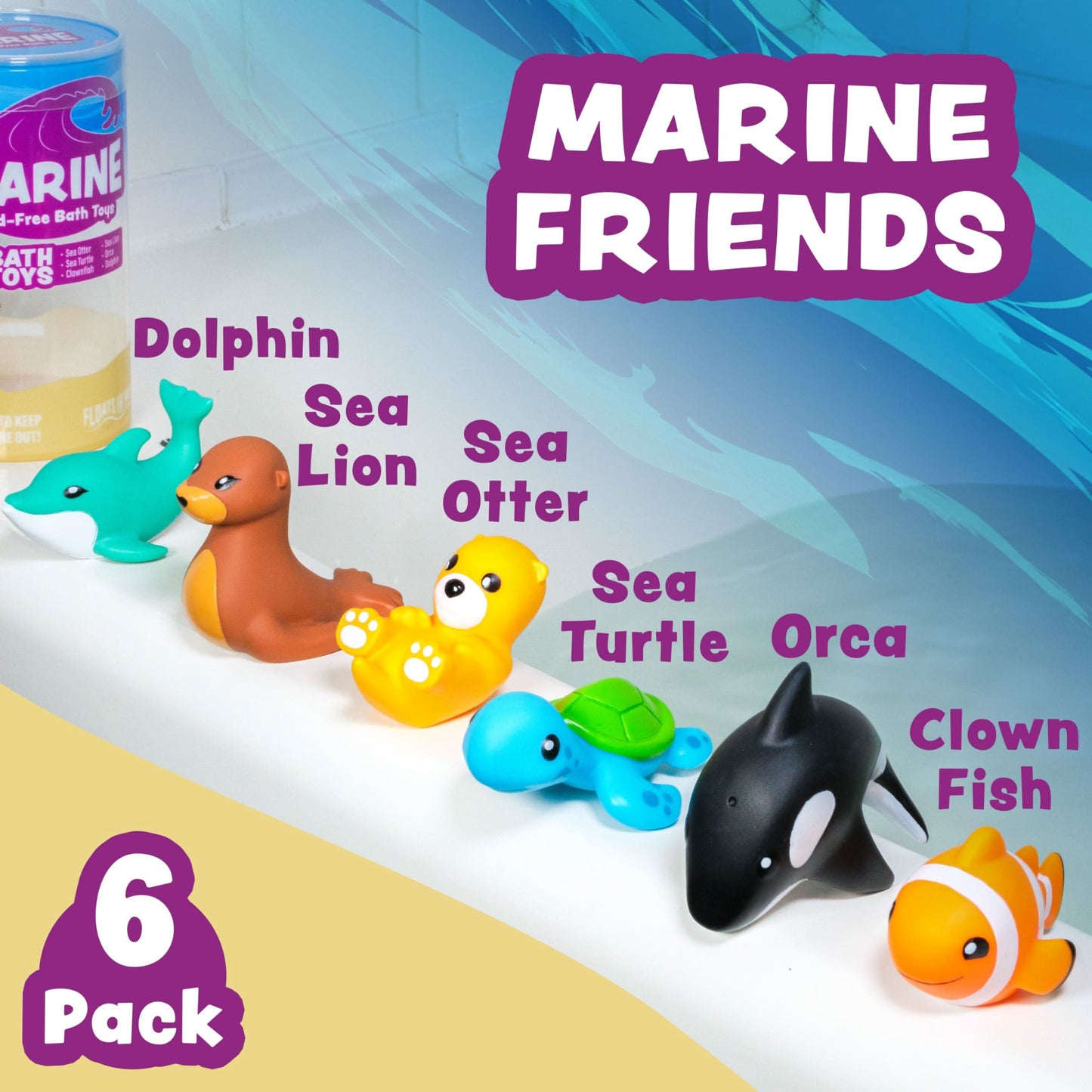 Tub Works® Juguetes de baño Marine™ sin moho, paquete de 6