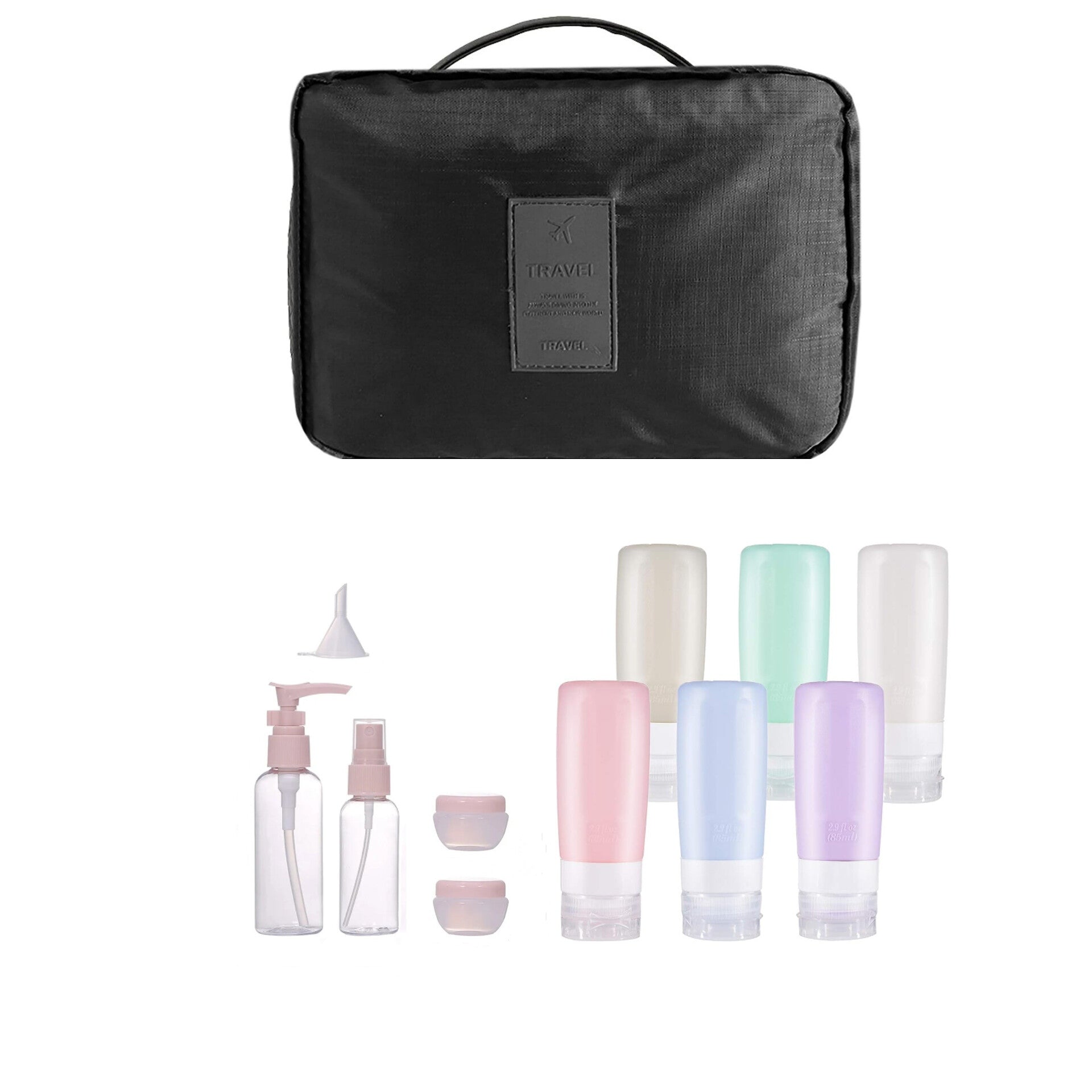 Bolso cosmetiquero para viaje, negro, con set de botellas de viaje