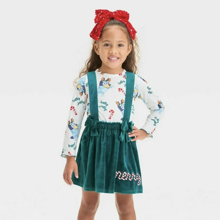 Conjunto de Falda y Top de Manga Larga Bluey Christmas de 2 Pzas para Niña Pequeña - Verde, 18 meses