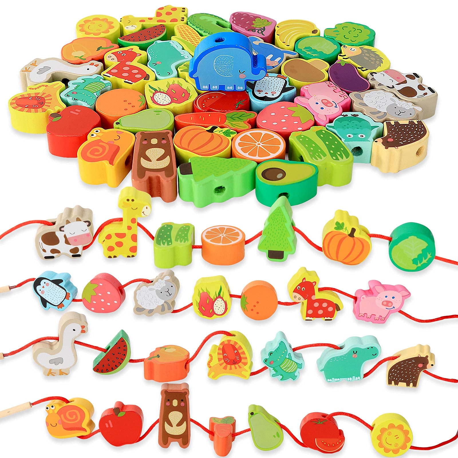 46 piezas Montessori de madera con cordones de juguetes para niños pequeños