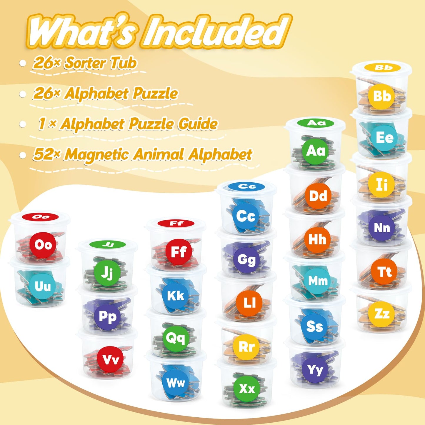 Cubos clasificadores de letras magnéticas y rompecabezas, 208 piezas