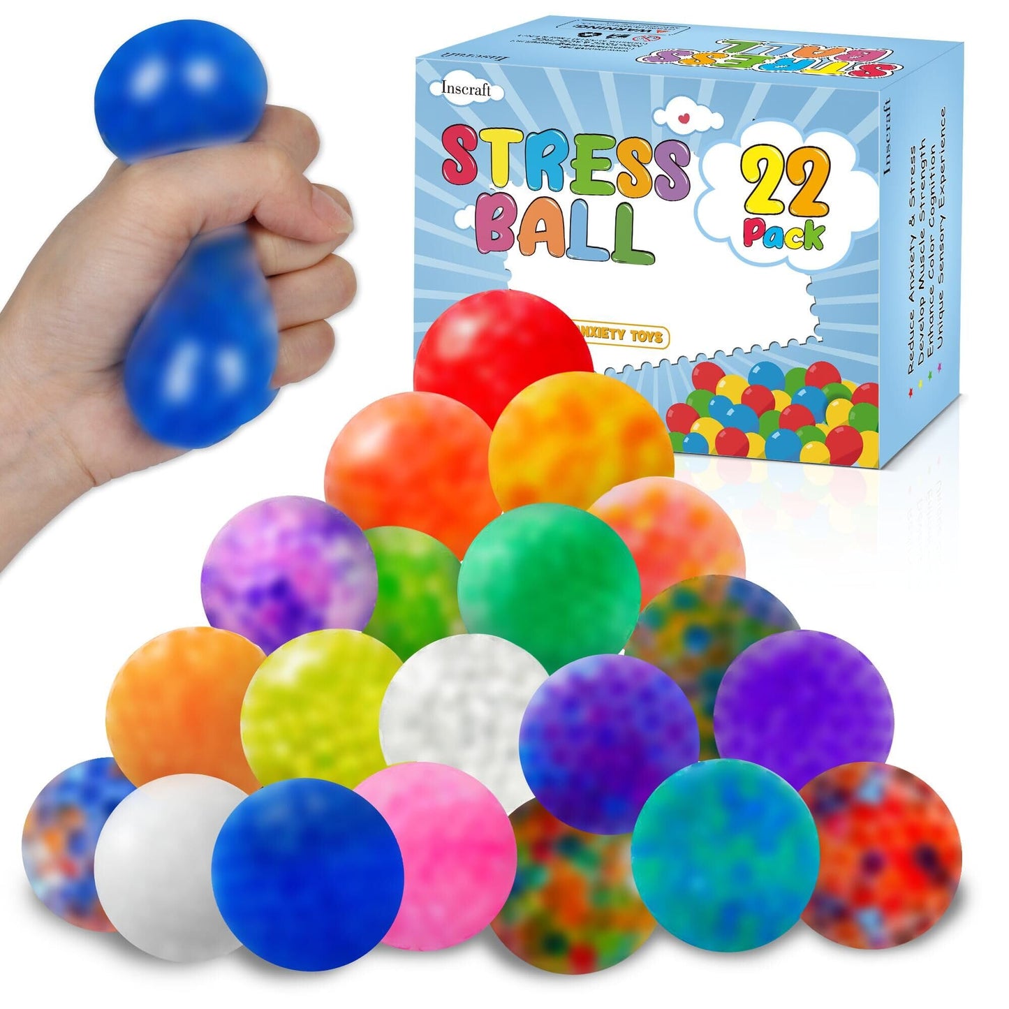 INSCRAFT - Juego de 22 pelotas antiestrés para niños