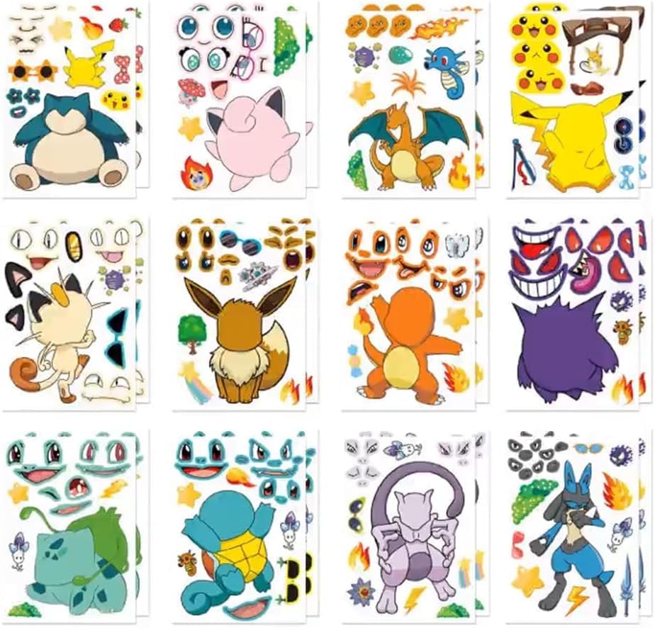Pegatinas para hacer una cara con temática de Pokemón, 24 hojas