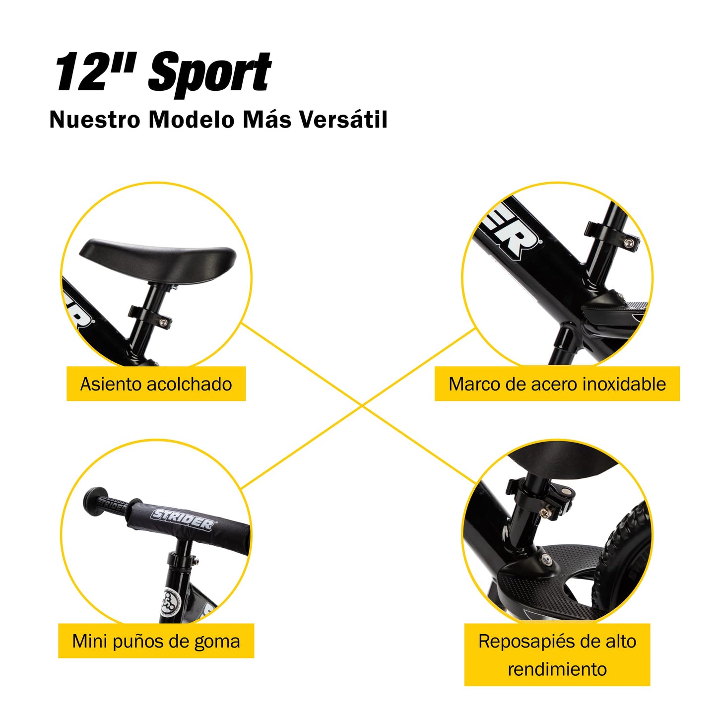 Strider Bicicleta deportiva de 12 pulgadas – Bicicleta de equilibrio sin pedal para niños de 1 a 4 años