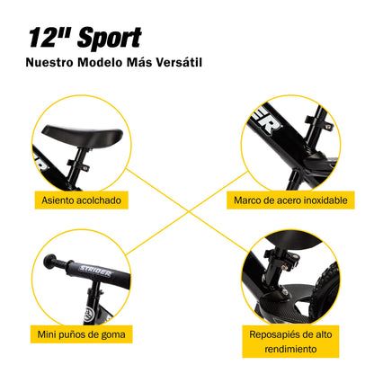 Strider Bicicleta deportiva de 12 pulgadas – Bicicleta de equilibrio sin pedal para niños de 1 a 4 años