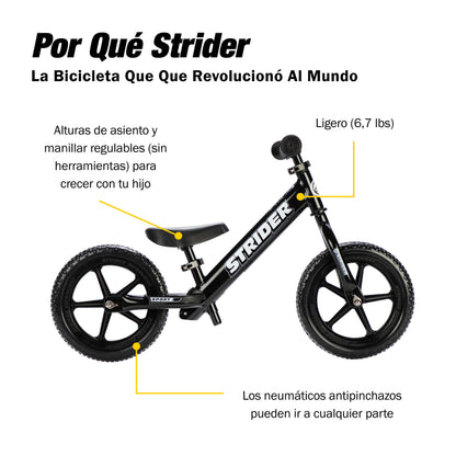 Strider Bicicleta deportiva de 12 pulgadas – Bicicleta de equilibrio sin pedal para niños de 1 a 4 años