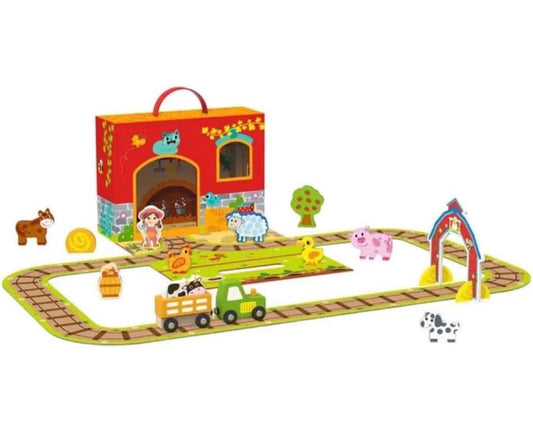 Maleta de Granja con Animales y Accesorios de Madera, 35 Piezas, Tren Magnético