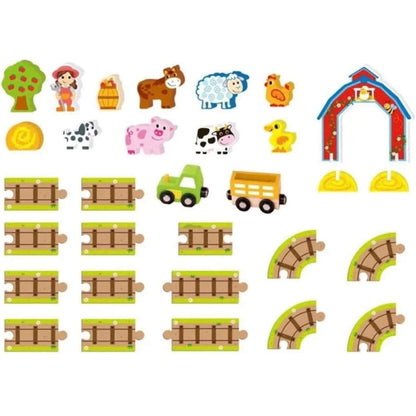 Maleta de Granja con Animales y Accesorios de Madera, 35 Piezas, Tren Magnético