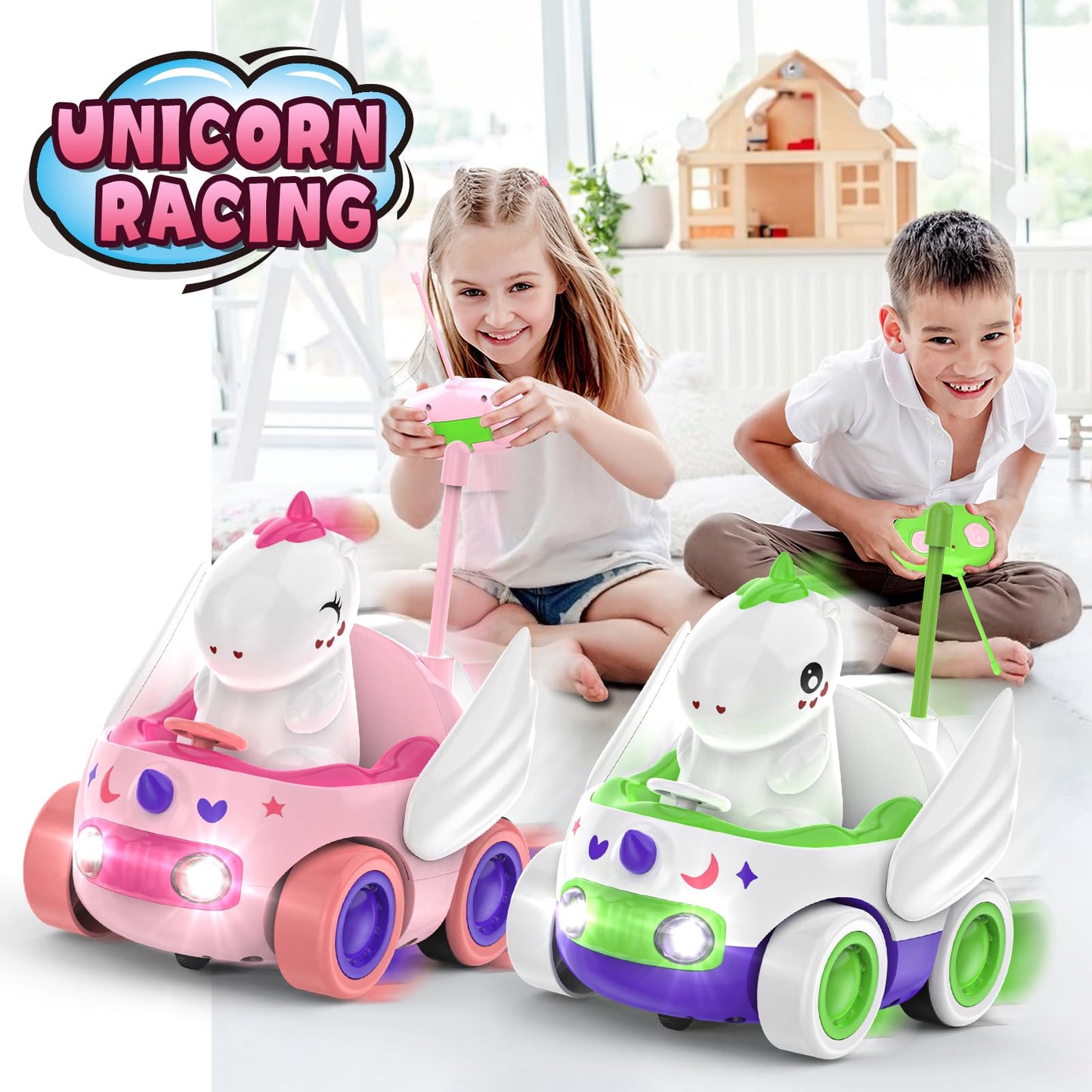 Paquete de 2 coches de unicornio a control remoto para niños pequeños