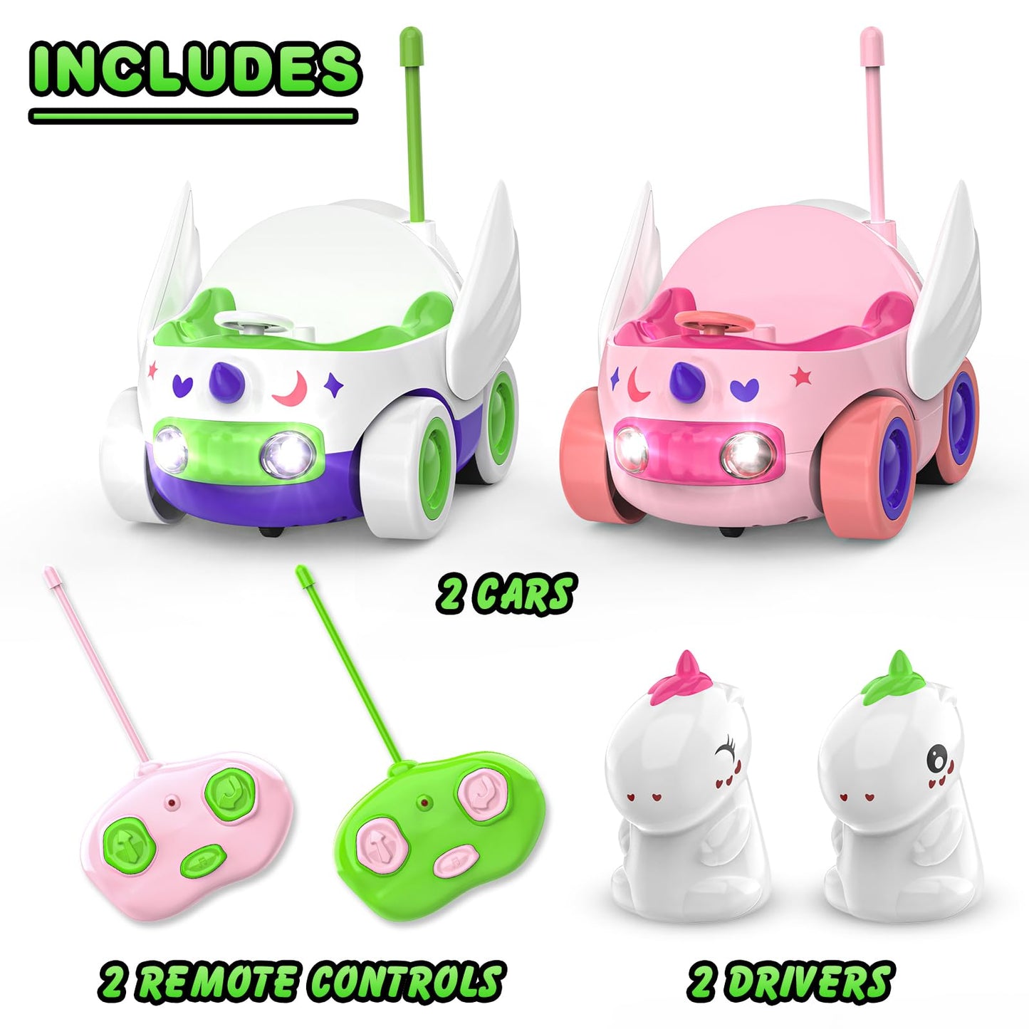 Paquete de 2 coches de unicornio a control remoto para niños pequeños