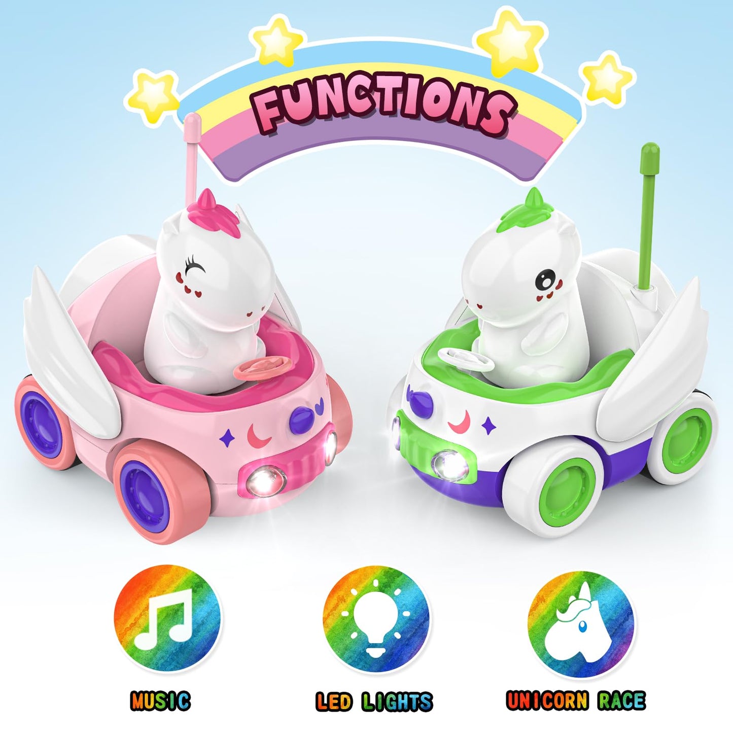 Paquete de 2 coches de unicornio a control remoto para niños pequeños