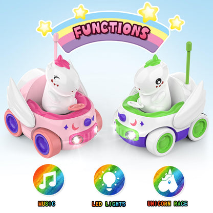 Paquete de 2 coches de unicornio a control remoto para niños pequeños