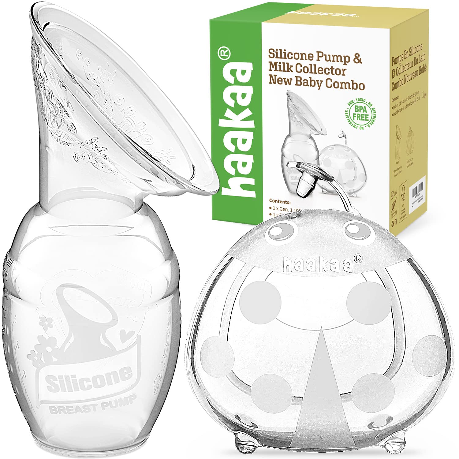 haakaa Extractor de leche manual para lactancia materna de 4 oz/3.4 fl oz y colector de leche de mariquita 2.5 oz/2.5 fl oz Combo