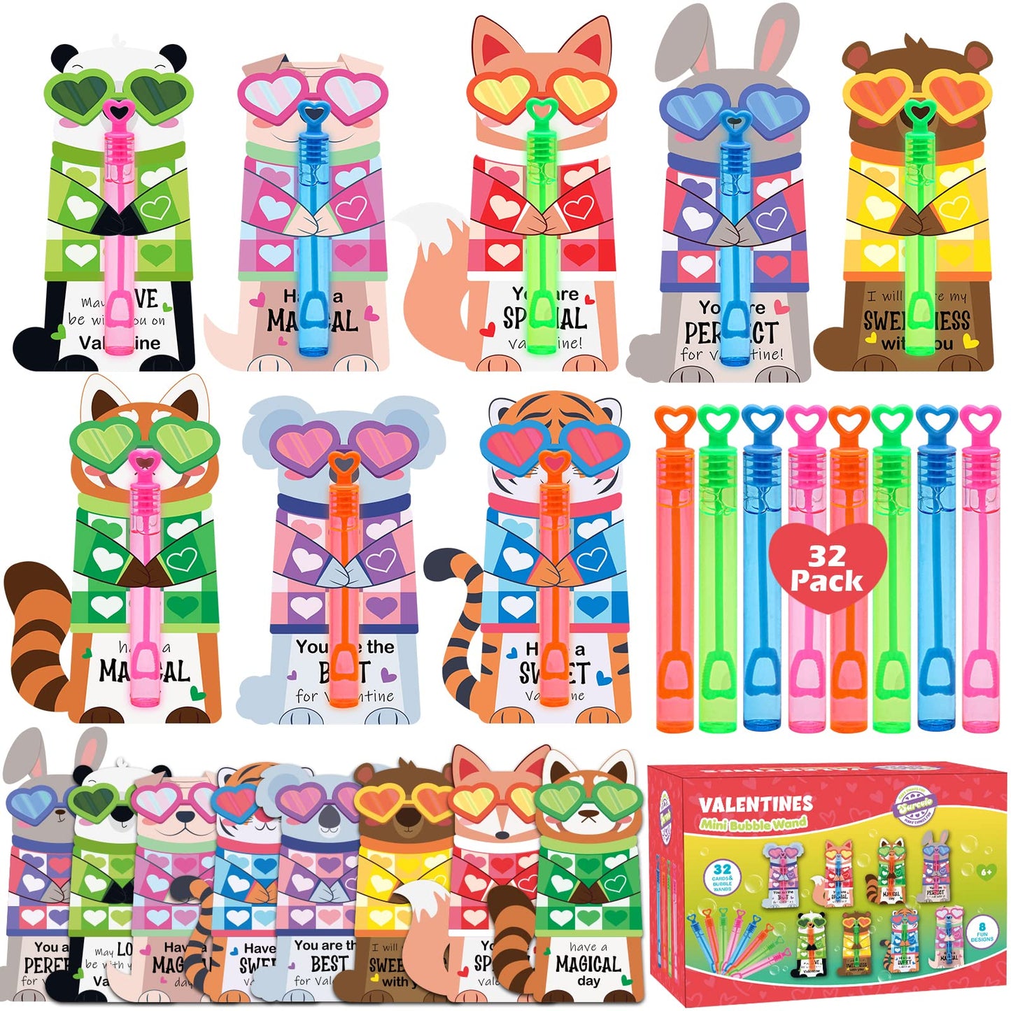 SURCVIO Regalos para el día de San Valentín para niños, paquete de 32 mini varitas de burbujas