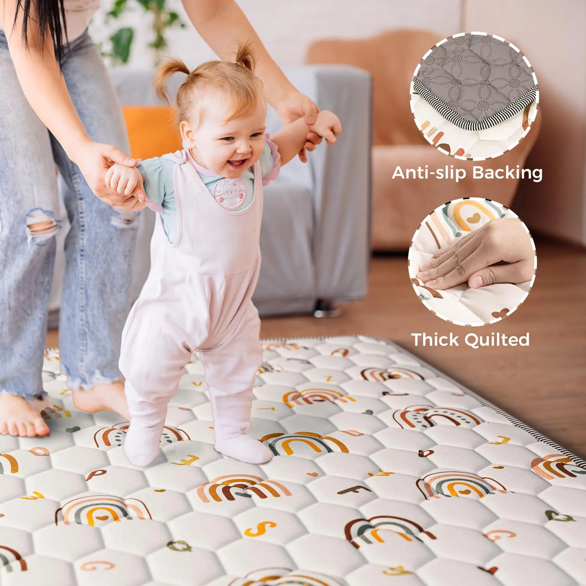 Alfombra de juegos para bebés Iebabay 127x127 cm, beige, acolchada y antideslizante