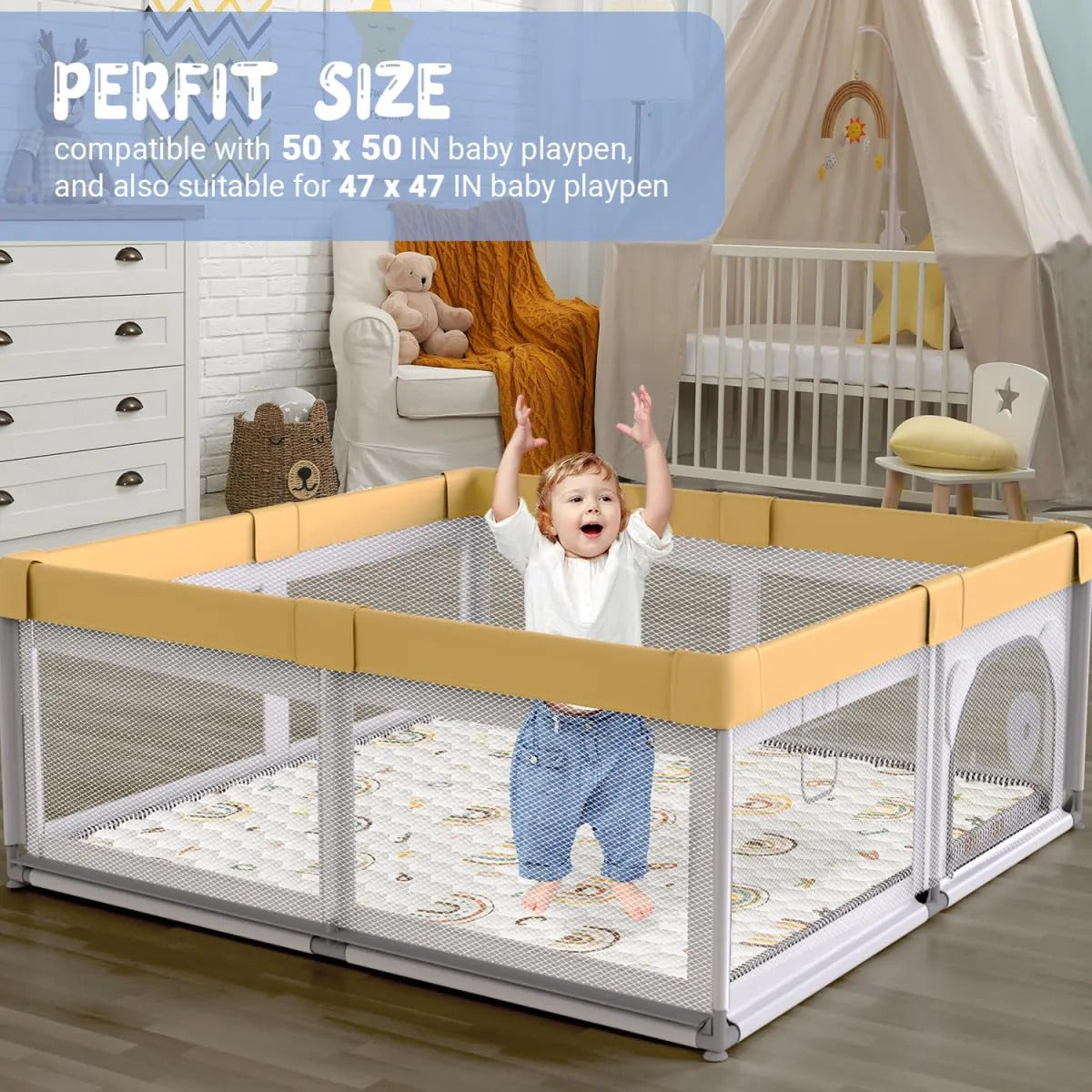 Alfombra de juegos para bebés Iebabay 127x127 cm, beige, acolchada y antideslizante