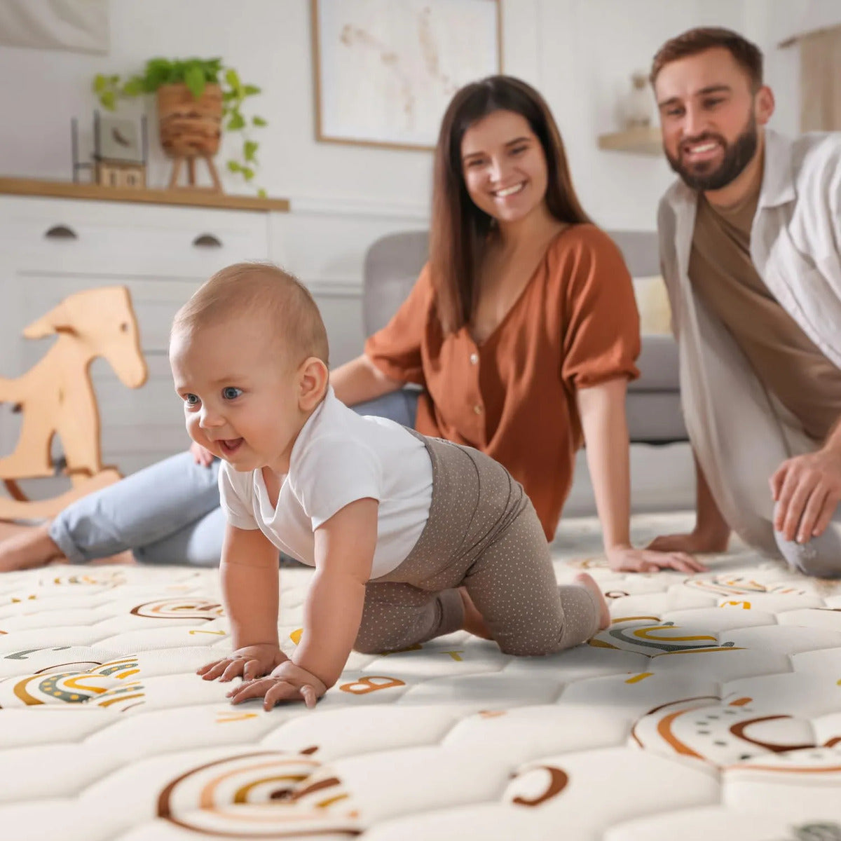 Alfombra de juegos para bebés Iebabay 127x127 cm, beige, acolchada y antideslizante
