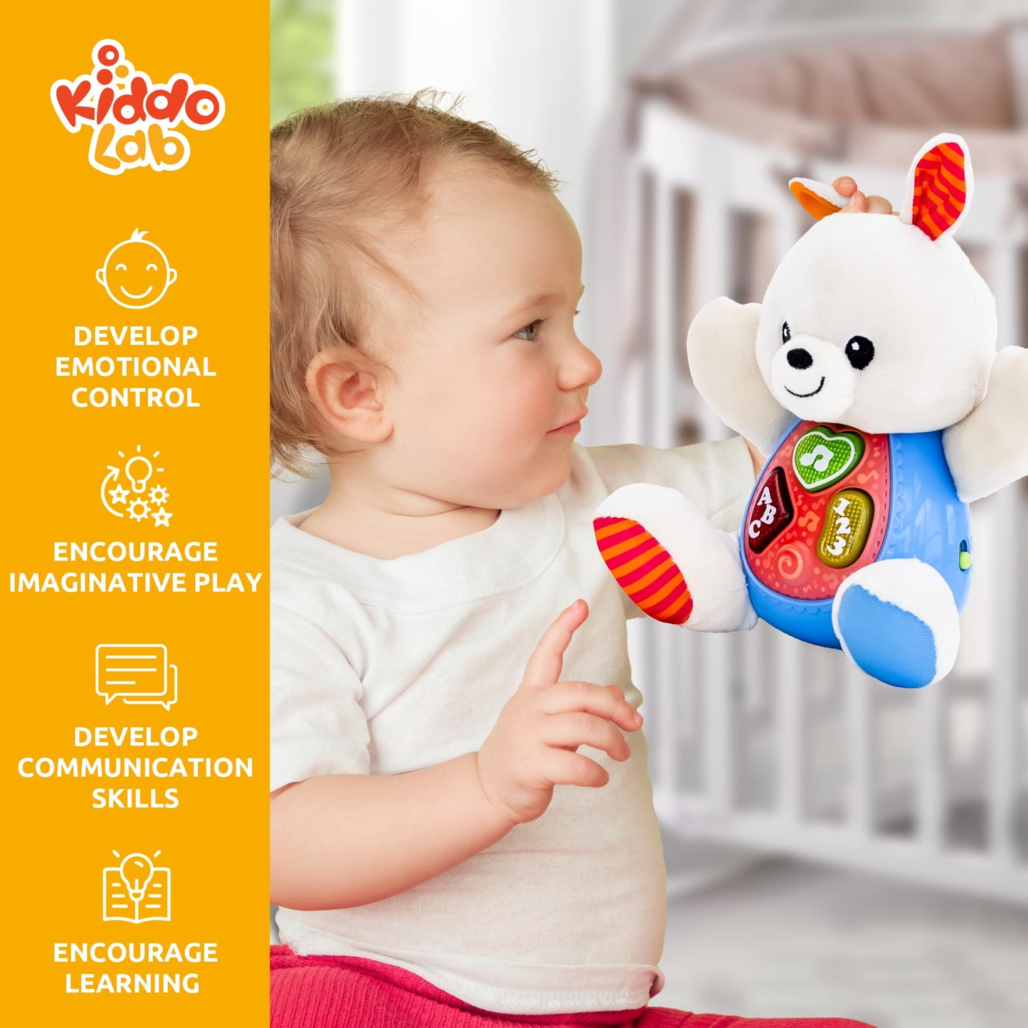 Kiddolab Juguete de peluche Bouncy Bunny – Animales de peluche musicales con 3 botones iluminados