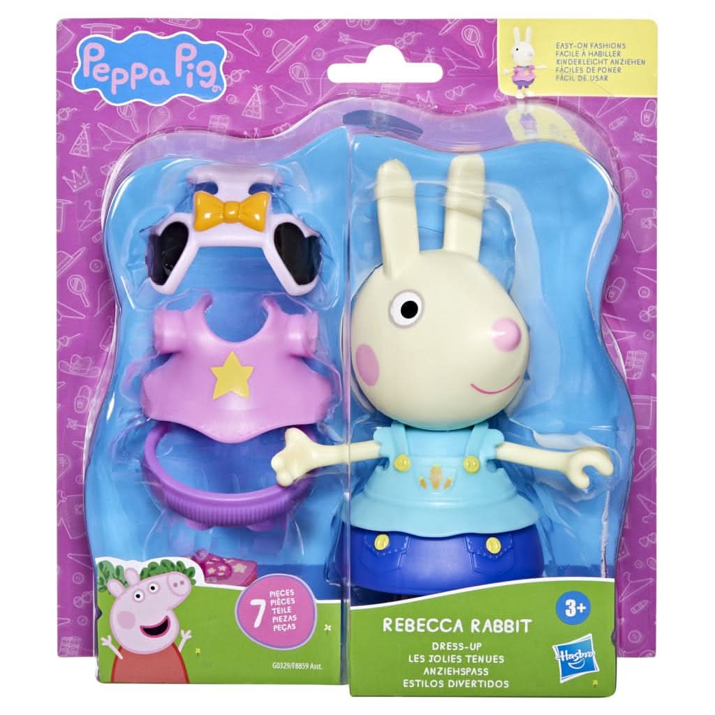 Peppa Pig Rebecca - Figura de disfraz de conejo con 6 accesorios de moda fáciles de poner, muñeca de 6 pulgadas