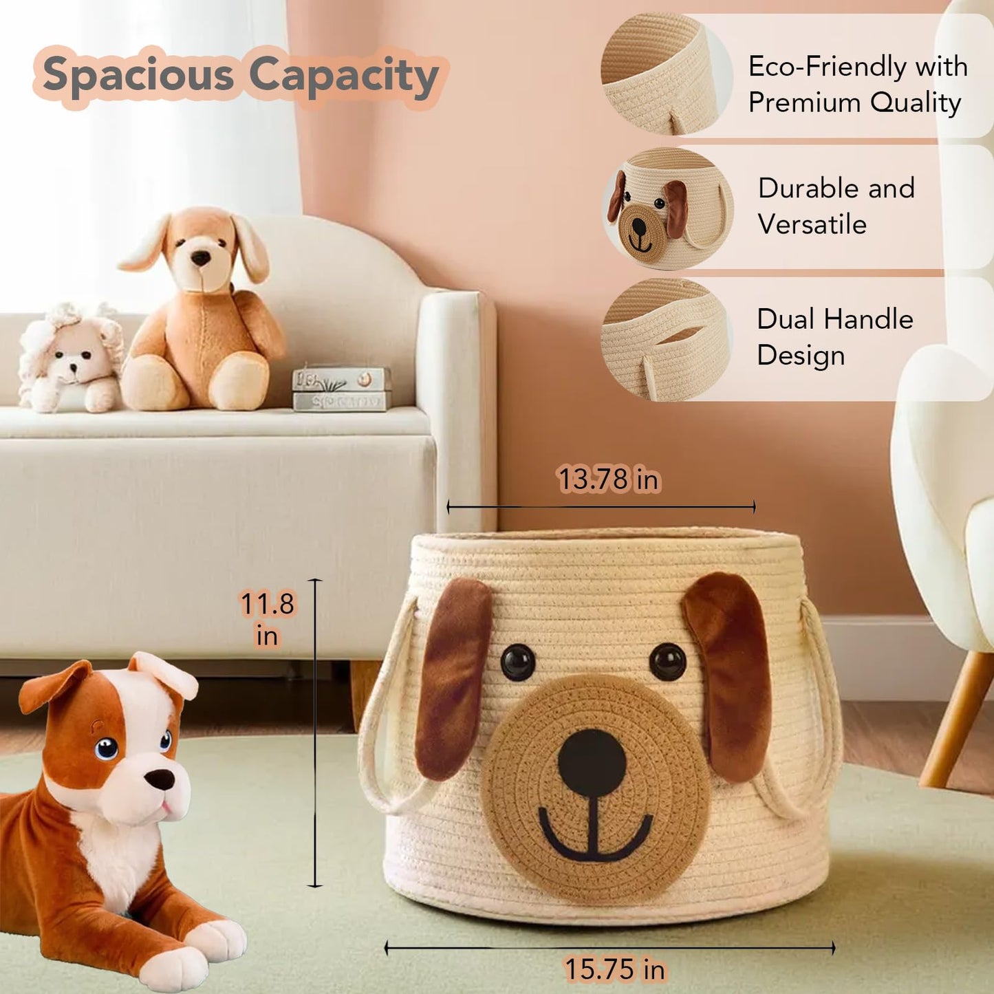 Cesta grande tejida para perros con asas, contenedor de almacenamiento de juguetes