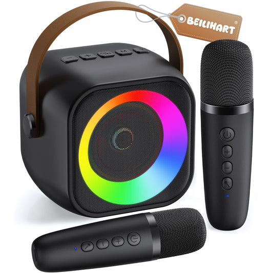 Mini máquina de karaoke, altavoz portátil de karaoke Bluetooth con 2 micrófonos inalámbricos