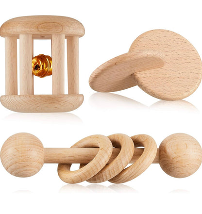 3 piezas de sonajero de madera, campanas