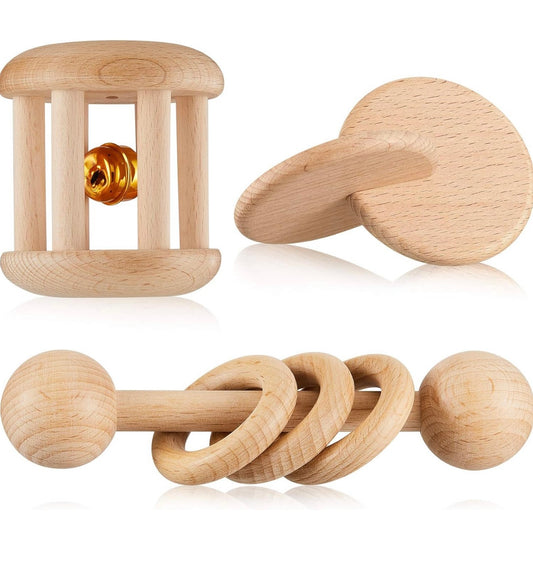 3 piezas de sonajero de madera, campanas