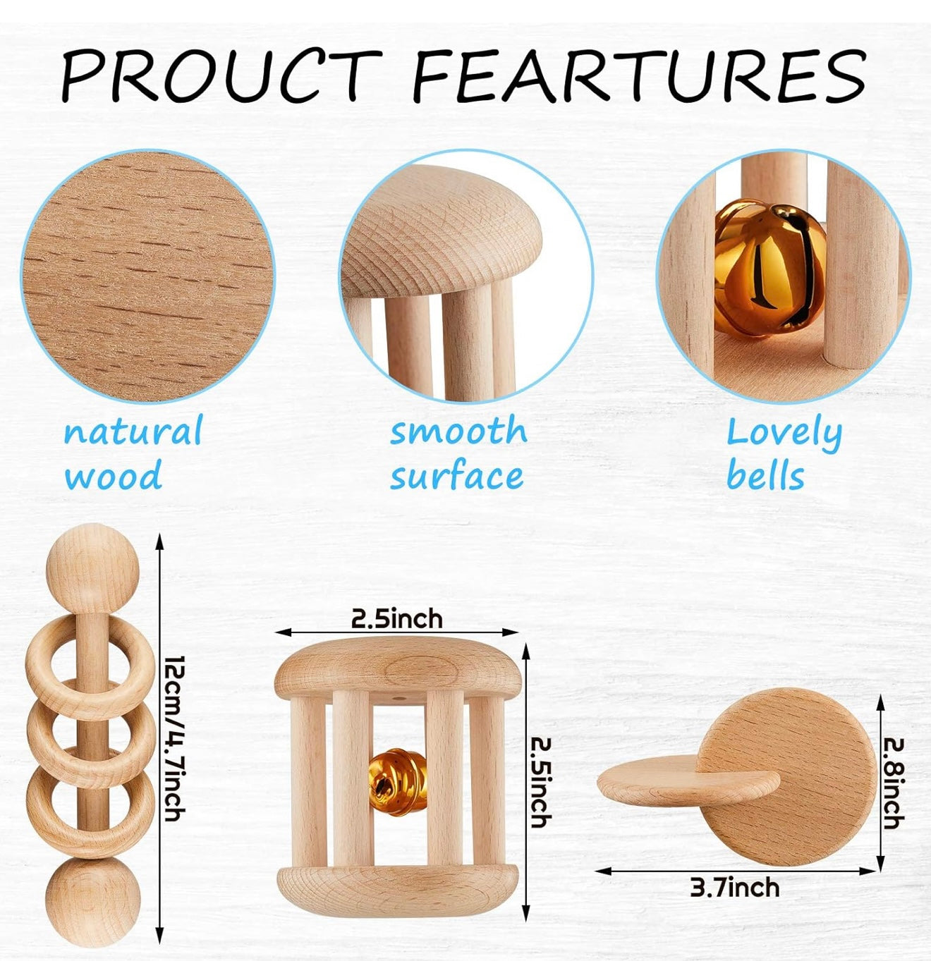 3 piezas de sonajero de madera, campanas