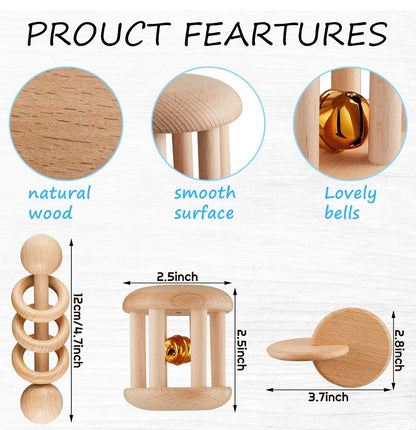 3 piezas de sonajero de madera, campanas