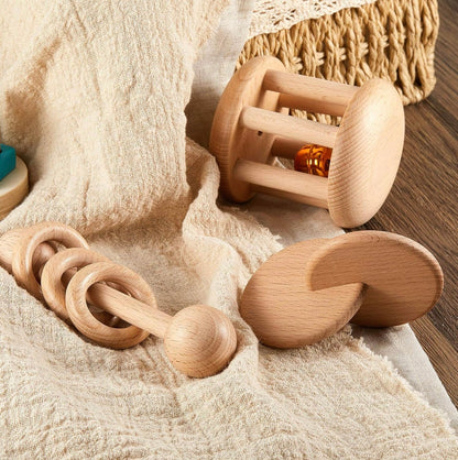 3 piezas de sonajero de madera, campanas