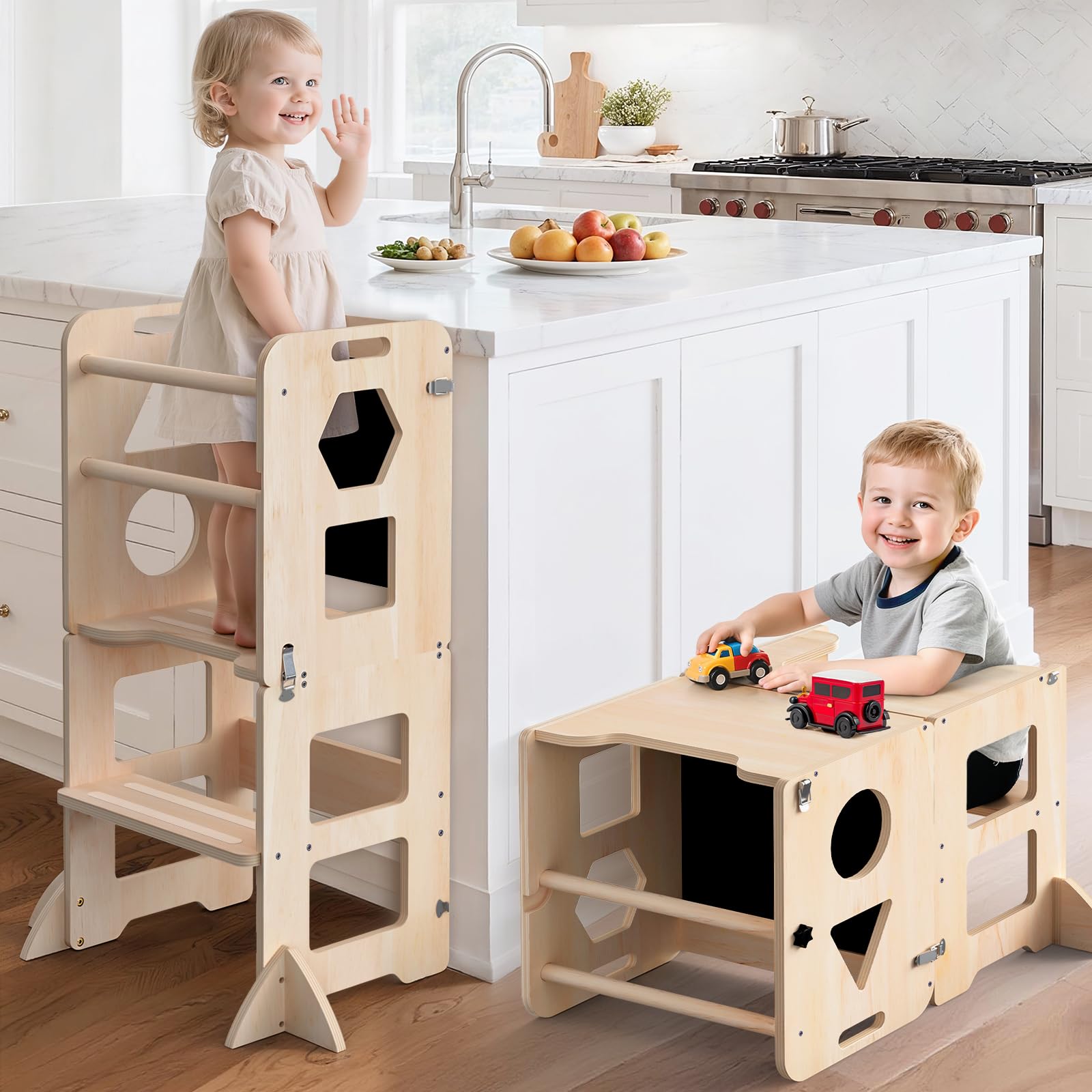 Taburete de cocina 4 en 1, torre plegable de aprendizaje con pizarra