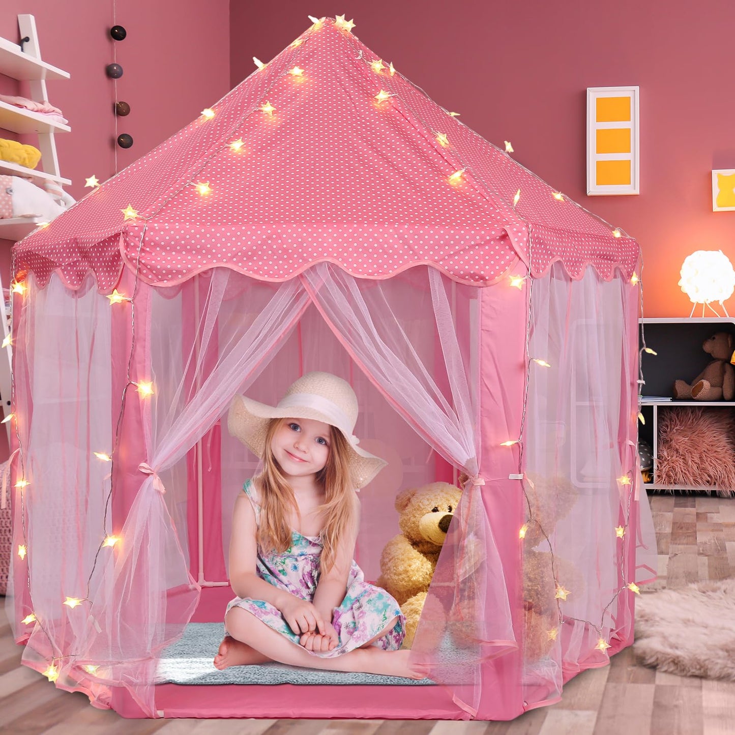 Tienda de campaña de princesa con luces LED de estrellas y alfombra