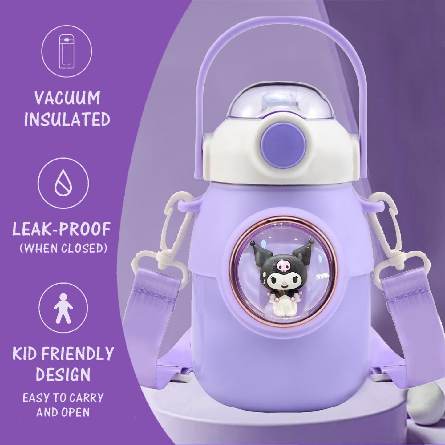 Botella de agua kawaii para agua caliente o fría, morada